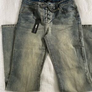 Fashion Nova Lace-Up Flare Jeans - Distressed Blue NWT